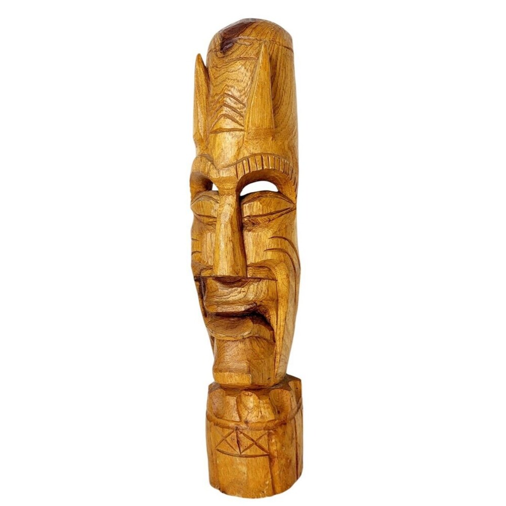 Vintage Hand carved Wood Tiki Totem Devil Horns Mask Statue Wall Decor